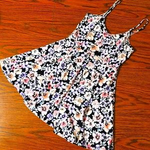 Floral A-Line Mini Sundress - Black and Warm Tones - Adjustable Spaghetti Straps